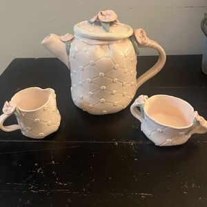 Quilted Ceramic Tea Set with Floral Accents - Pink and Cream